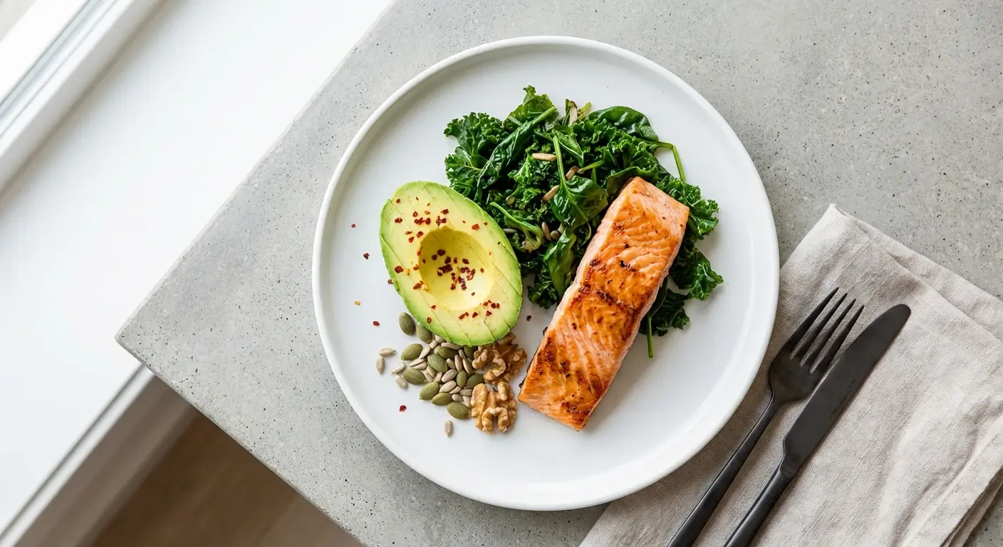 بشقاب غذای سالم حاوی پروتئین بدون چربی، سبزیجات فیبردار و چربی‌های مفید برای رژیم لاغری