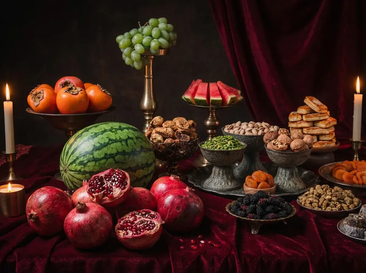 سفره شب یلدا با هندوانه و انار، آجیل شب یلدا، شام شب یلدا و خوراکیهای فصل رنگارنگ و دلچسب میشود.