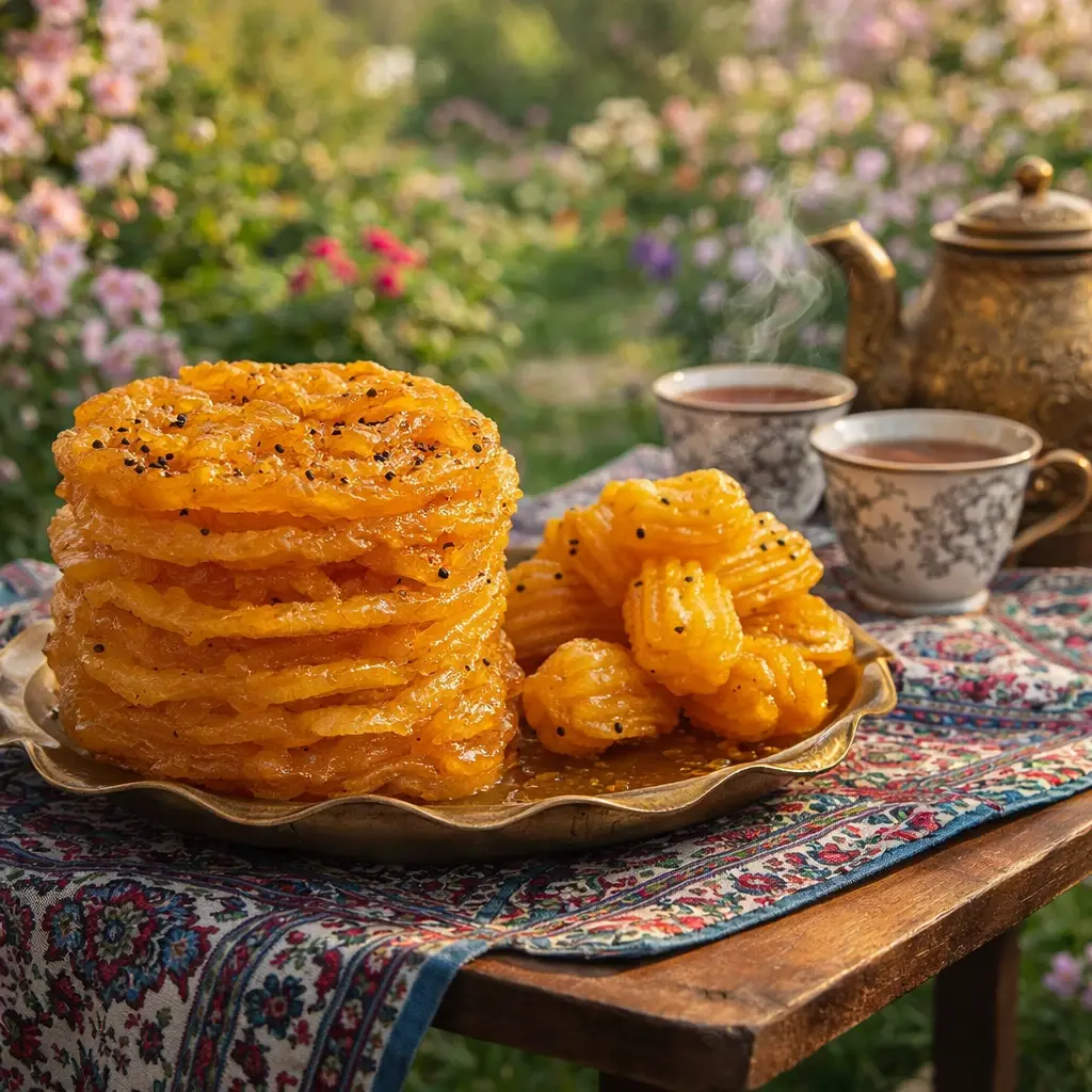 بشقاب پر از زولبیا و بامیه خانگی طلایی و ترد با تزیین پودر پسته و غنچه گل محمدی مناسب سفره افطار.