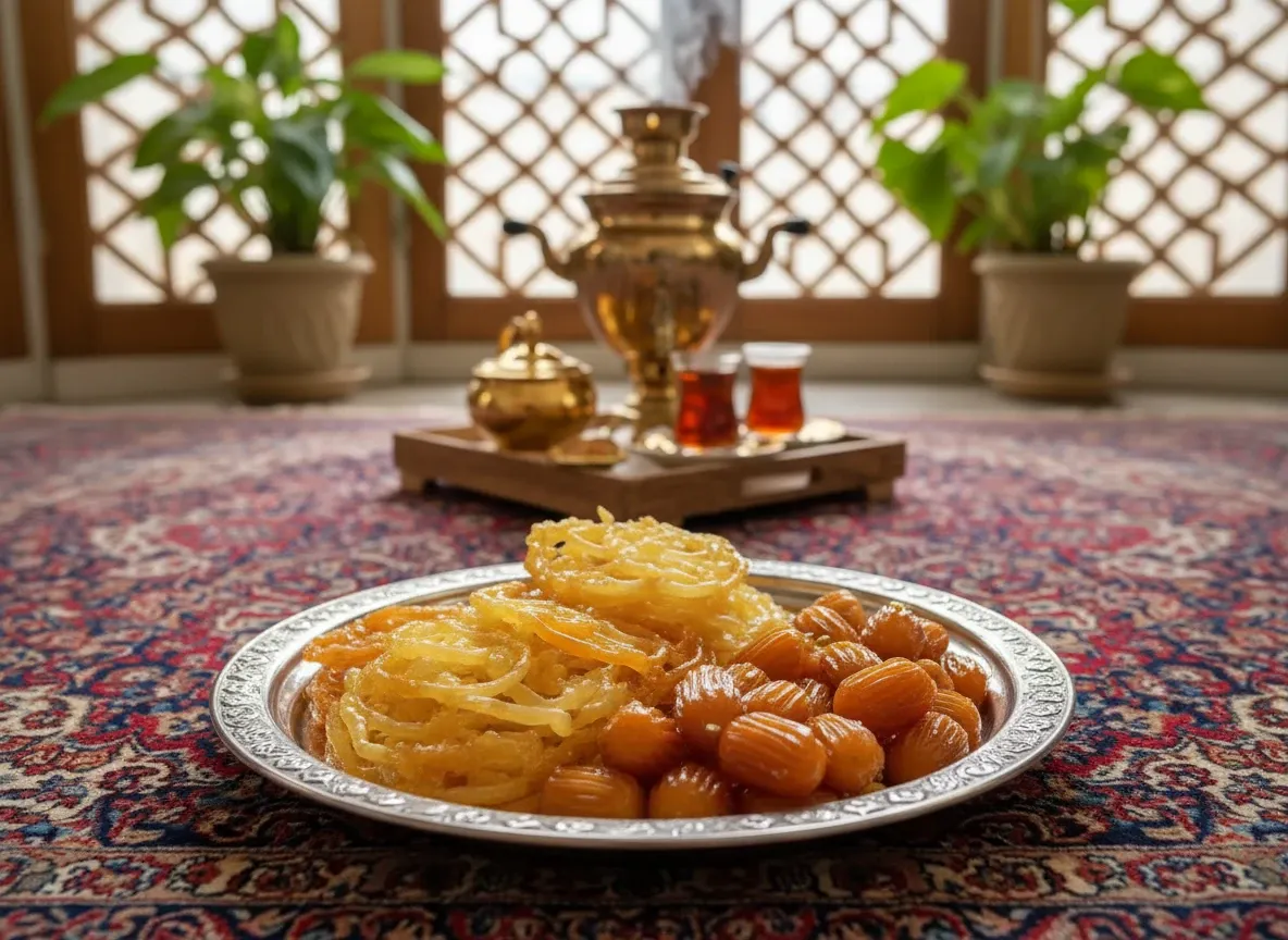بشقاب پر از زولبیا و بامیه خانگی طلایی و ترد با تزیین پودر پسته و غنچه گل محمدی مناسب سفره افطار.