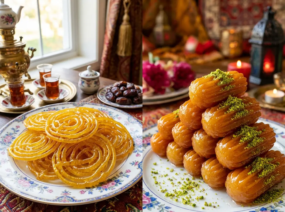 بشقاب پر از زولبیا و بامیه خانگی طلایی و ترد با تزیین پودر پسته و غنچه گل محمدی مناسب سفره افطار.