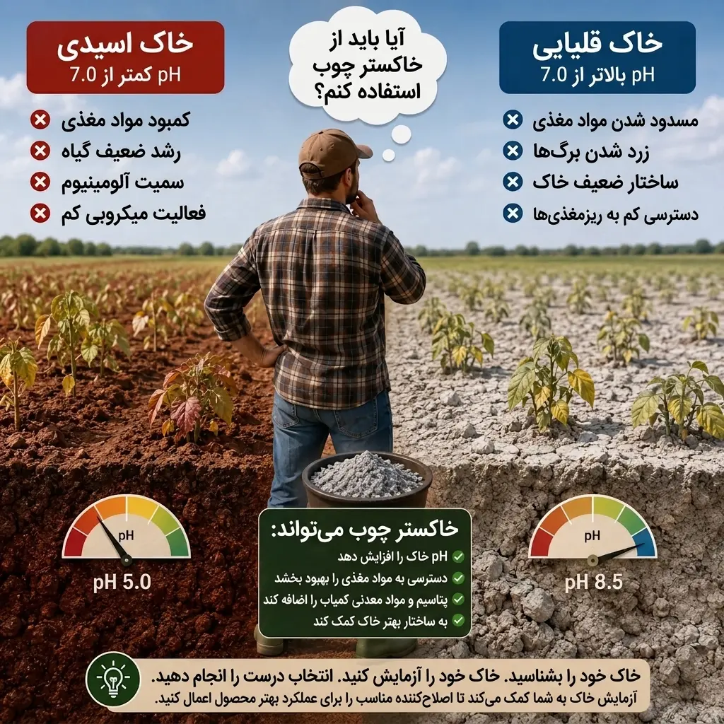 اینفوگرافیک مقایسه خاک اسیدی و خاک قلیایی با نمایش pH و اثر آن بر انتخاب درست مواد اصلاح کننده خاک در کشاورزی