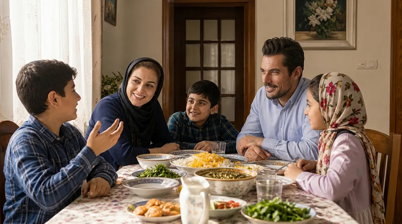 خانواده ای که هنگام غذا خوردن با هم گفت و گو می کنند و ارتباط عاطفی می سازند