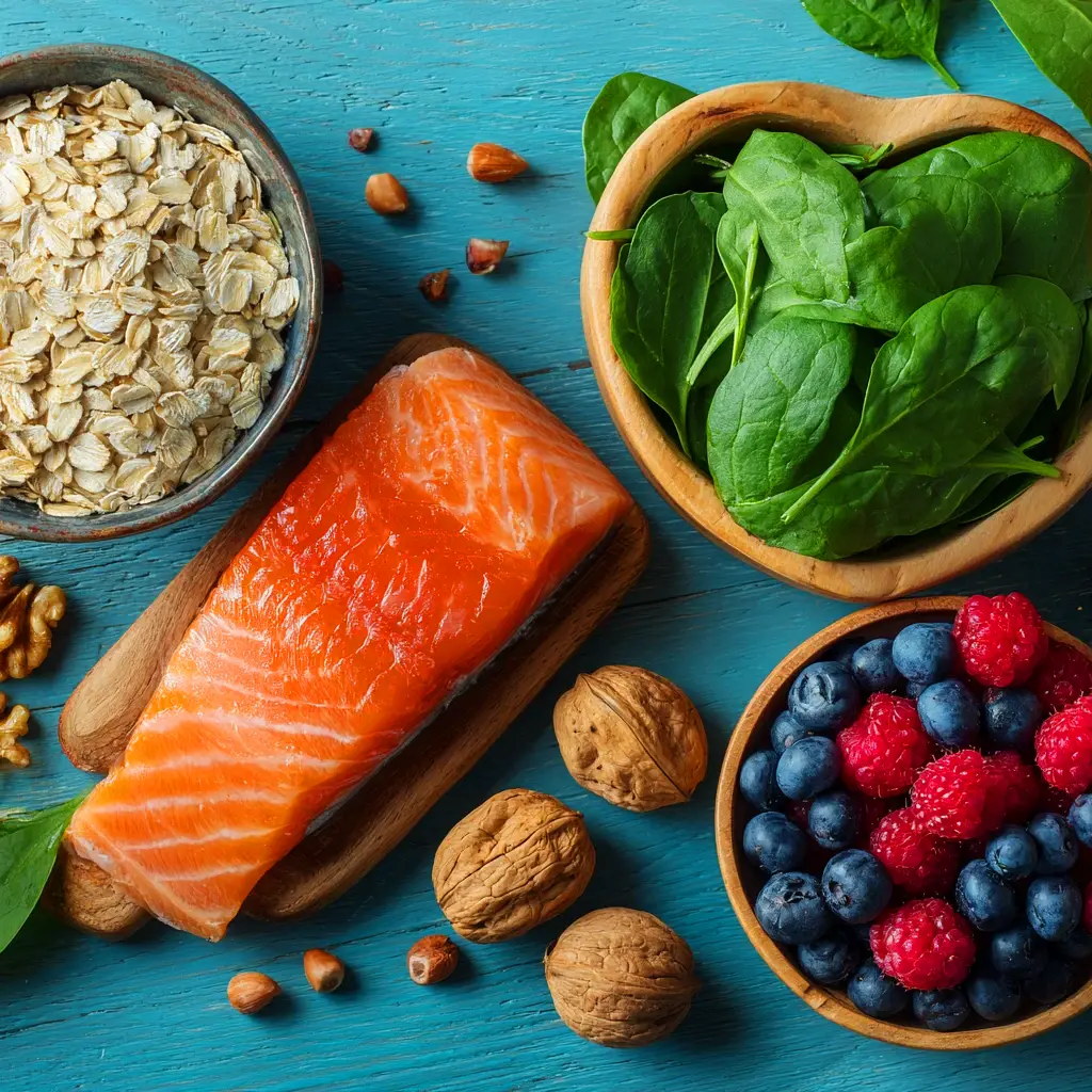غذاهای مفید برای قلب و تقویت قلب ضعیف در یک قاب رژیم غذایی سالم