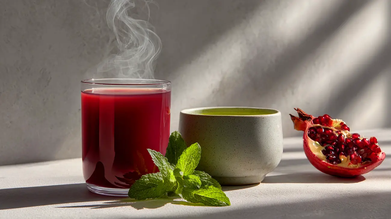 فنجان چای سبز طبیعی و آب انار خالص بدون قند برای بهبود جریان خون جزء بهترین نوشیدنی برای تقویت قلب